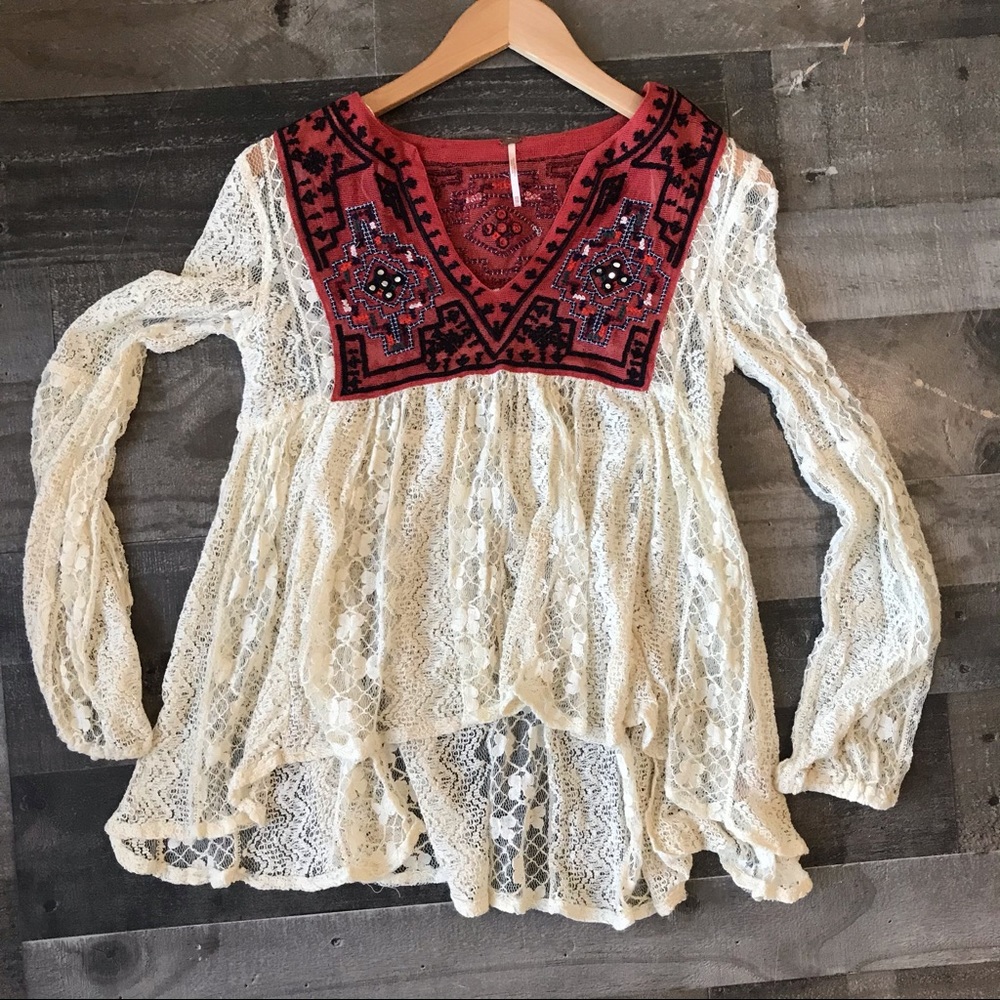 Free People Cream Flowy Lace Top with Red Embroidery - Picture 2 of 8